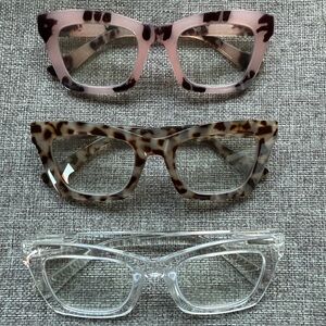 Set of 3 Cat-Eye 1.25 Readers Eyeglass Frames - Pink, Tortoiseshell, Clear